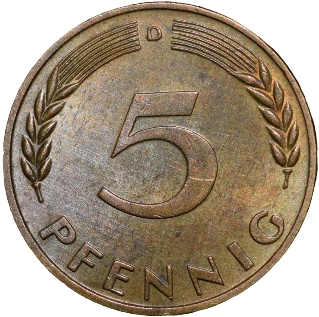 Old Brass 5 Pfenning of Germany (AD 1950) with Oak Sapling
