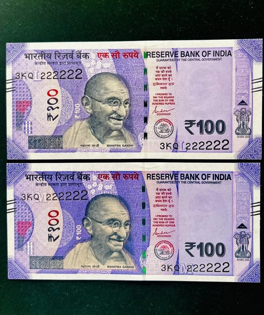 Rs 100 India Banknote Twin Set Gem Unc Very Unique Solid Number 3KQ 222222