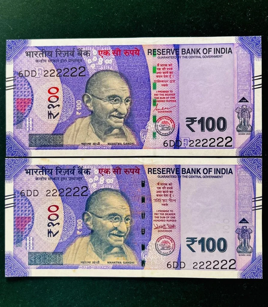 Rs 100 India Banknote Twin Set Gem Unc Very Unique Solid Number 6DD 222222