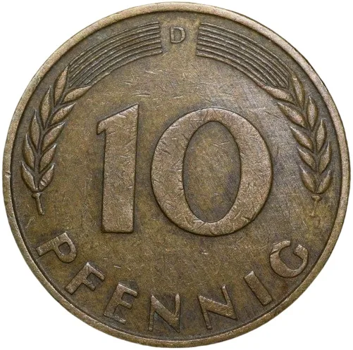 Old Brass 10 Pfenning of Germany (AD 1950) Beautiful Grade
