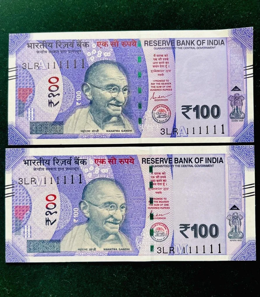 Rs 100 India Banknote Twin Set Gem Unc Very Unique Solid Number 3LR 111111