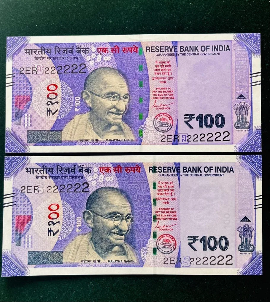 Rs 100 India Banknote Twin Set Gem Unc Very Unique Solid Number 2ER 222222