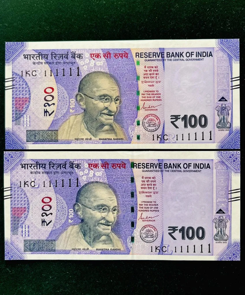 Rs 100 India Banknote Twin Set Gem Unc Very Unique Solid Number 1KC111111