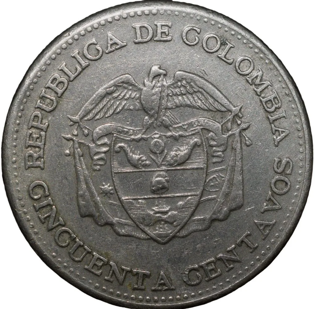 Large Copper-Nickel 50 Centavos of Colombia Country (AD 1959) 150th Anniversary of the Proclamation of Independence of Colombia