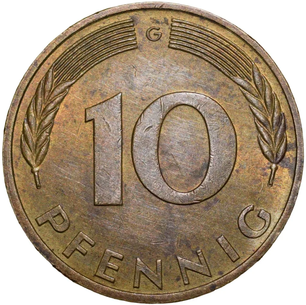 Brass 10 Pfennings of Germany (AD 1981) with Oak Sapling