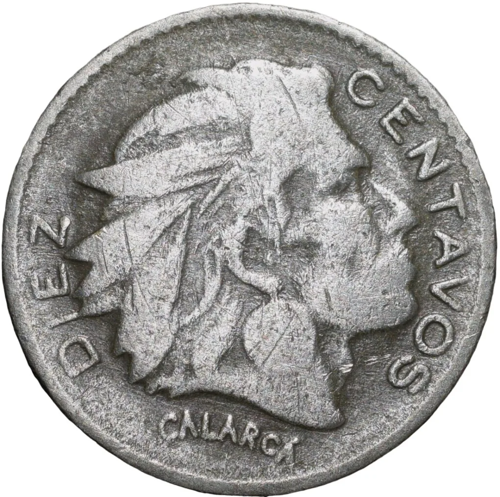 Old Copper-Nickel 10 Pesos of Colombia Country (AD 1959) with portrait of Indio Chief