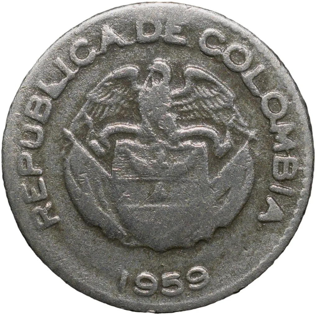 Old Copper-Nickel 10 Pesos of Colombia Country (AD 1959) with portrait of Indio Chief