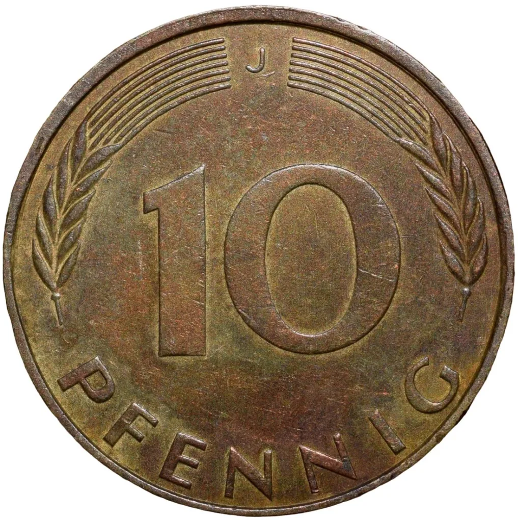 Brass 10 Pfennings of Germany (AD 1973) with Oak Sapling