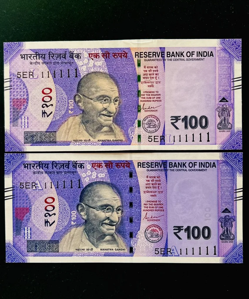Rs 100 India Banknote Twin Set Gem Unc Very Unique Solid Number 5ER 111111