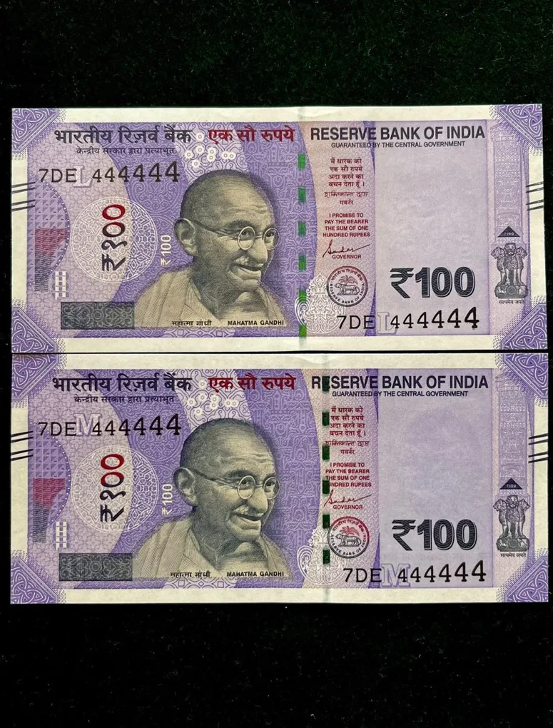 Rs 100 India Banknote Twin Set Gem Unc Very Unique Solid Number 7DE 444444