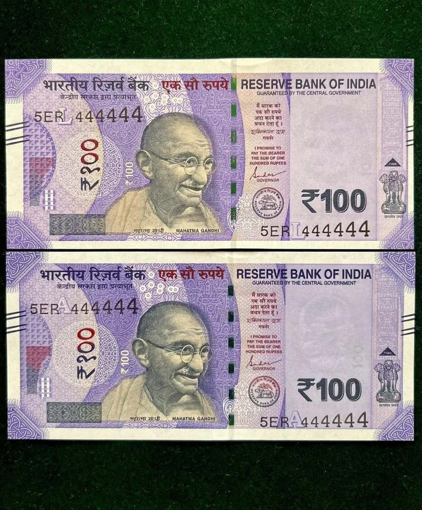 Rs 100 India Banknote Twin Set Gem Unc Very Unique Solid Number 5ER 444444