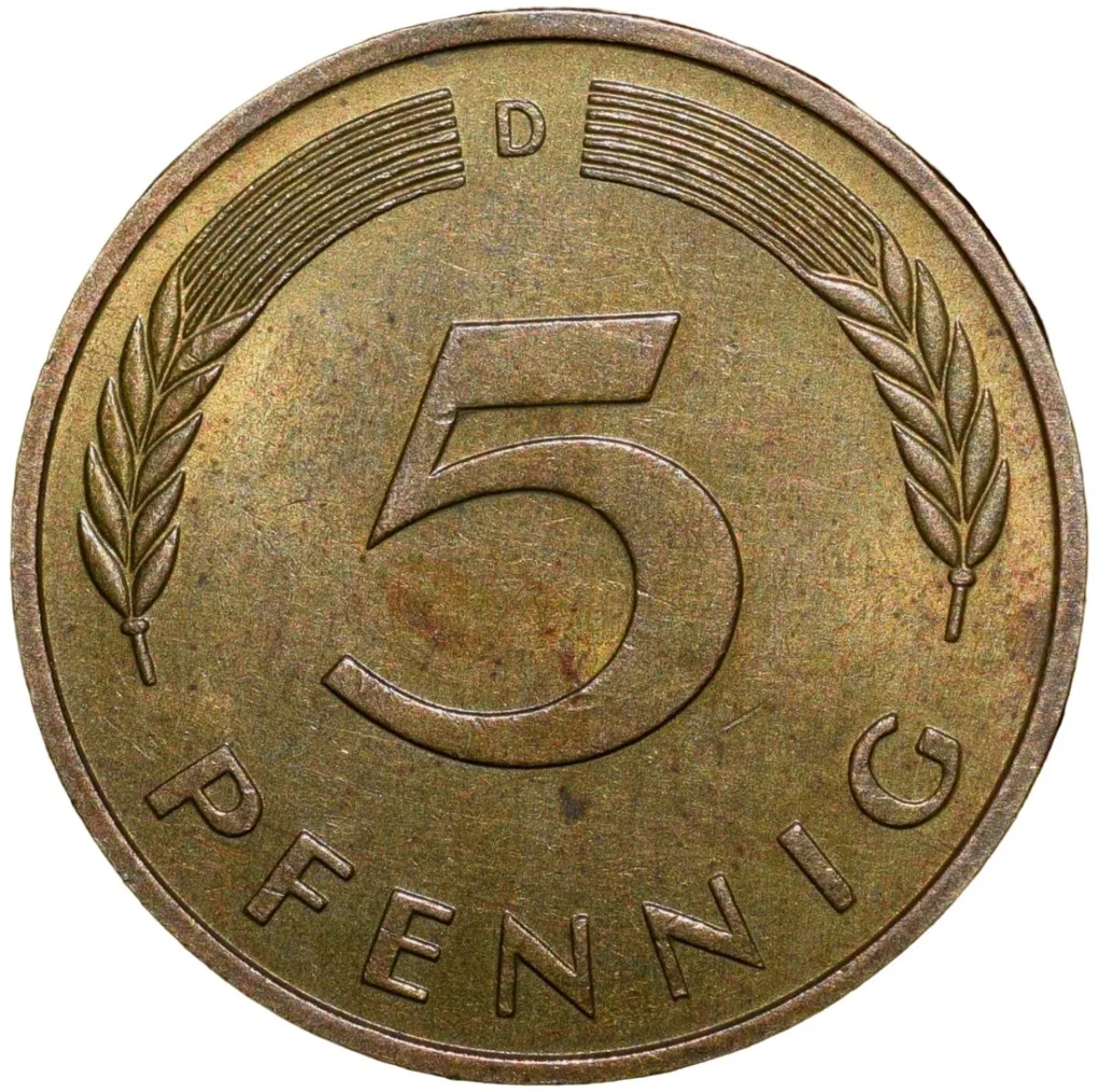 Brass 5 Pfenning of Germany (AD 1978) with Oak Sapling