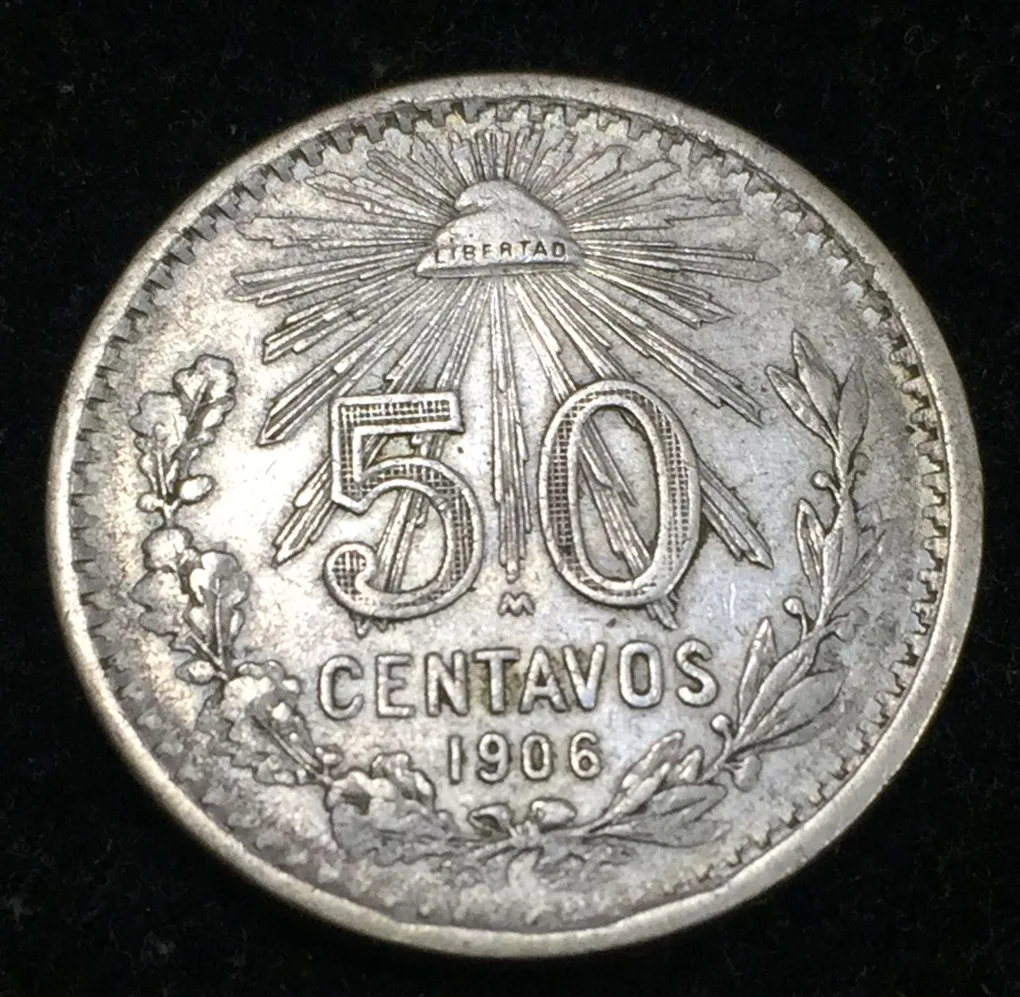 Mexico 50 Centavos 1906 large size Silver .800 (Weight 12.5 g Rare Coin )#I-137