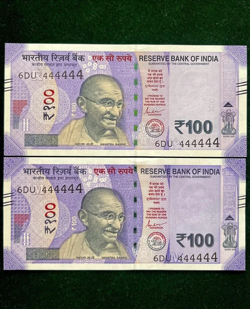 Rs 100 India Banknote Twin Set Gem Unc Very Unique Solid Number 6DU 444444