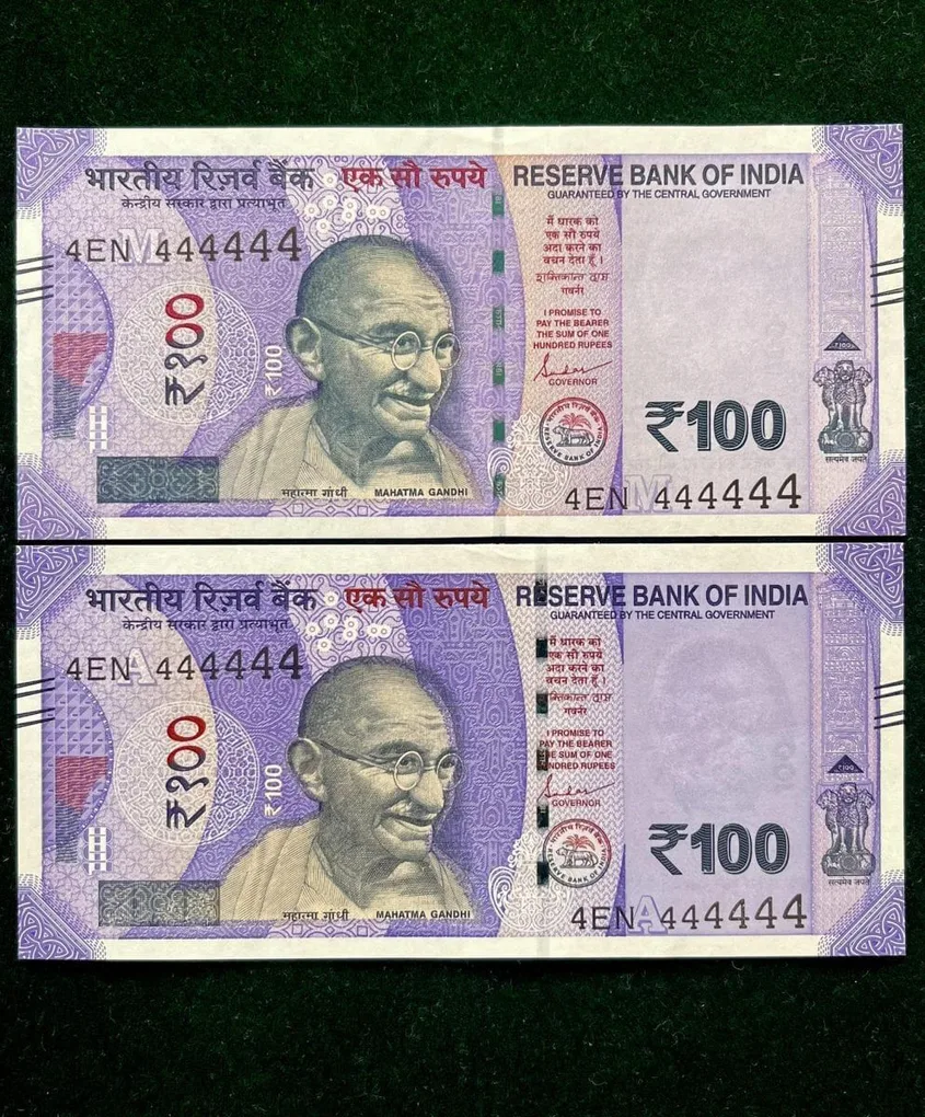 Rs 100 India Banknote Twin Set Gem Unc Very Unique Solid Number 4EN 444444