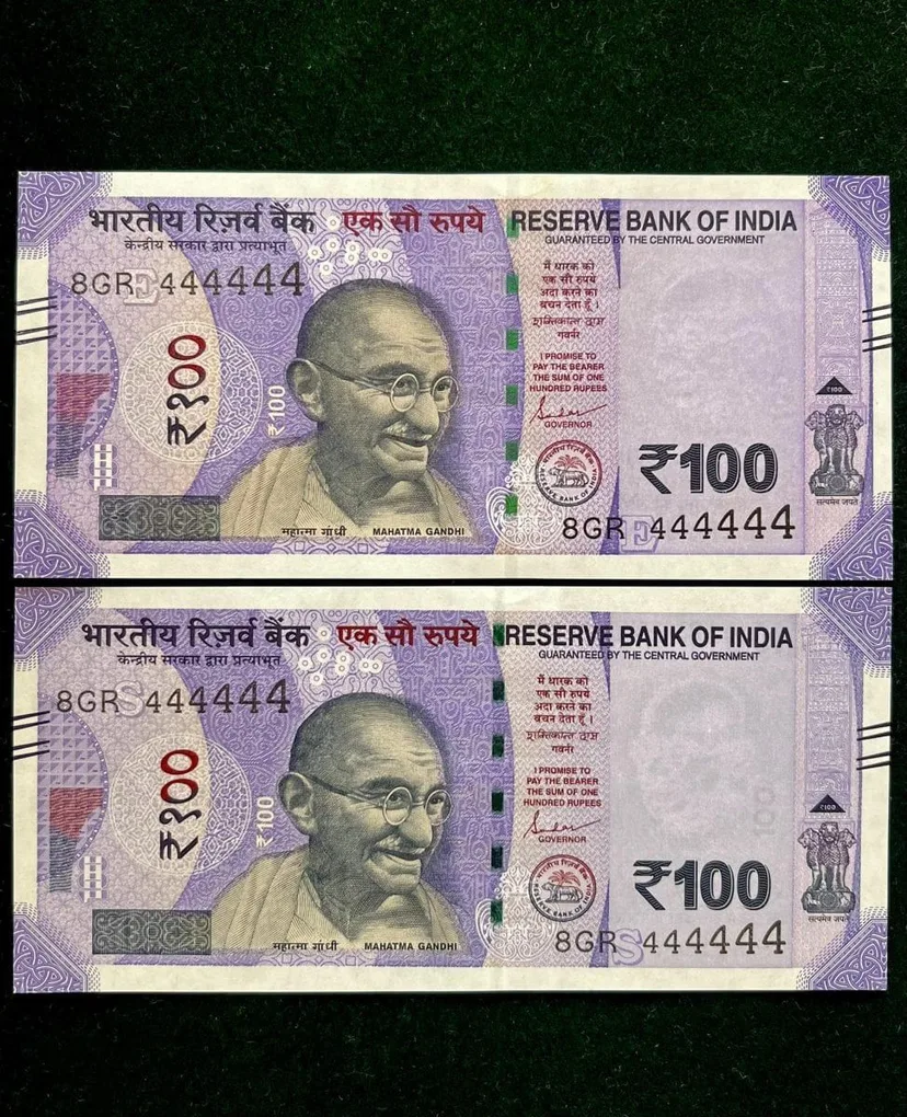 Rs 100 India Banknote Twin Set Gem Unc Very Unique Solid Number 8GR 444444
