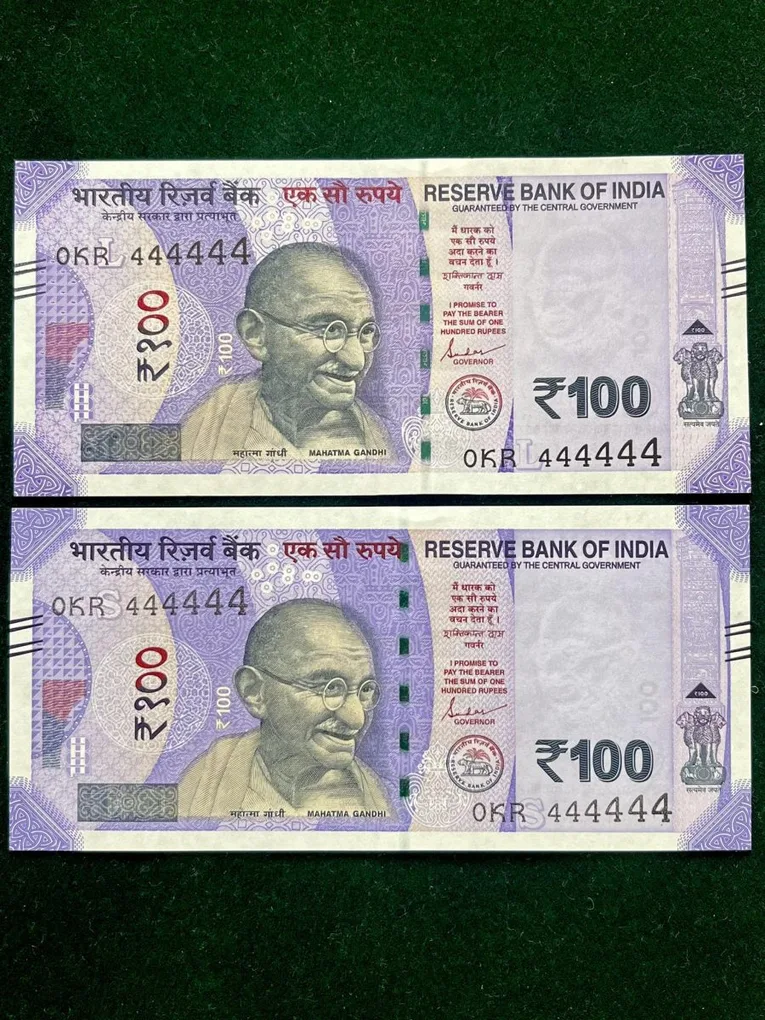 Rs 100 India Banknote Twin Set Gem Unc Very Unique Solid Number 0KR 444444