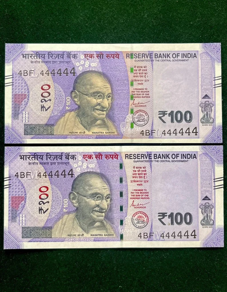 Rs 100 India Banknote Twin Set Gem Unc Very Unique Solid Number 4BF 444444