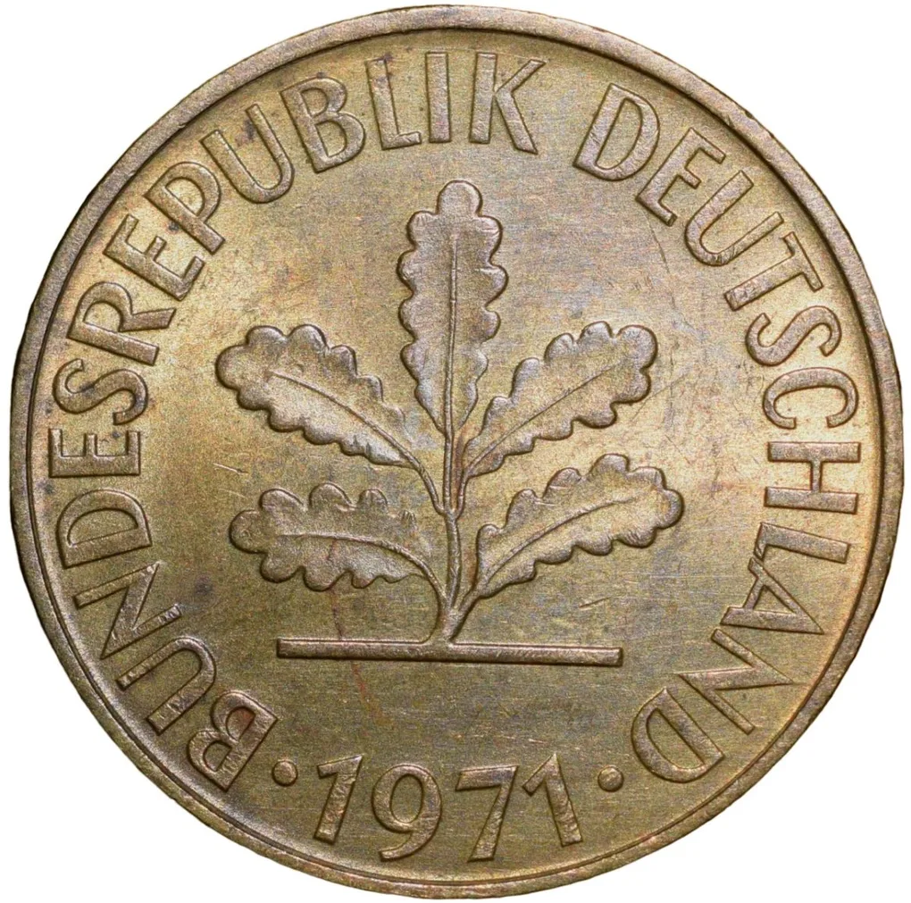 Brass 10 Pfennings of Germany (AD 1971) with Oak Sapling