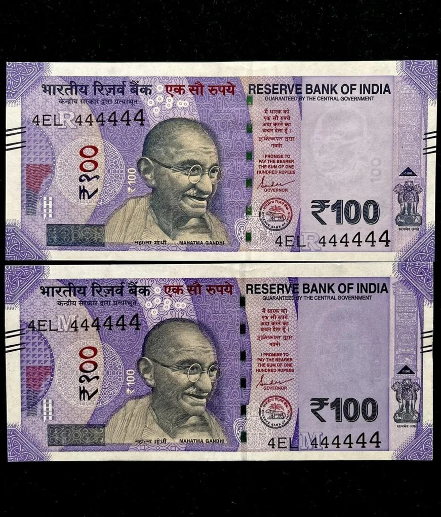 Rs 100 India Banknote Twin Set Gem Unc Very Unique Solid Number 4EL 444444