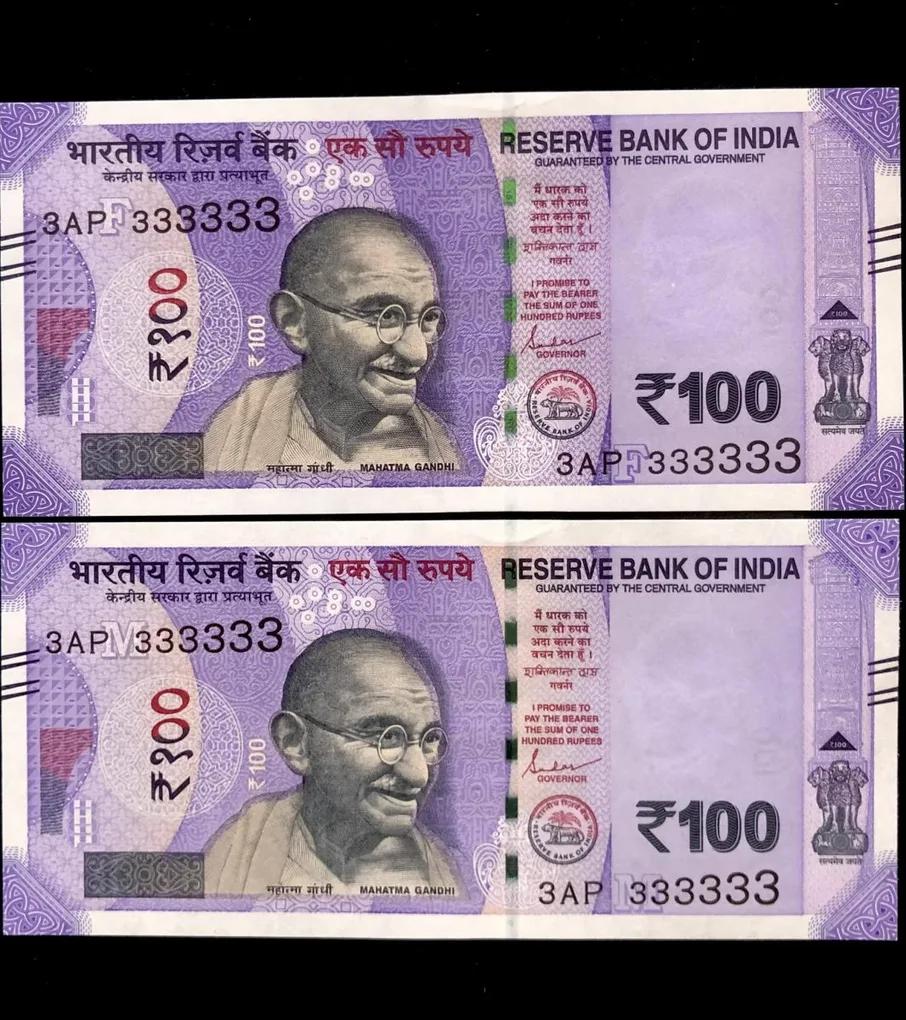 Rs 100 India Banknote Twin Set Gem Unc Very Unique Solid Number 3AP 333333