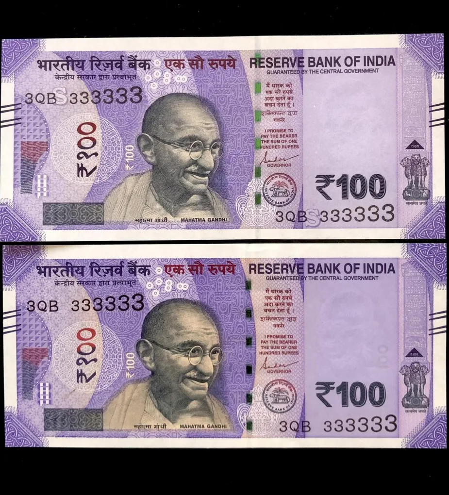 Rs 100 India Banknote Twin Set Gem Unc Very Unique Solid Number 3QB 333333