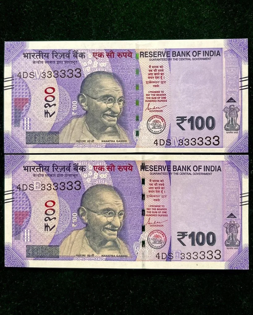 Rs 100 India Banknote Twin Set Gem Unc Very Unique Solid Number 4DS 333333