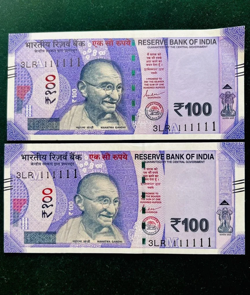 Rs 100 India Banknote Twin Set Gem Unc Very Unique Solid Number 3LR 111111