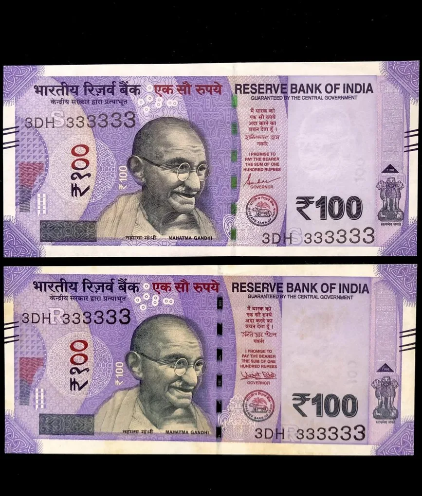 Rs 100 India Banknote Twin Set Gem Unc Very Unique Solid Number 3DH 333333