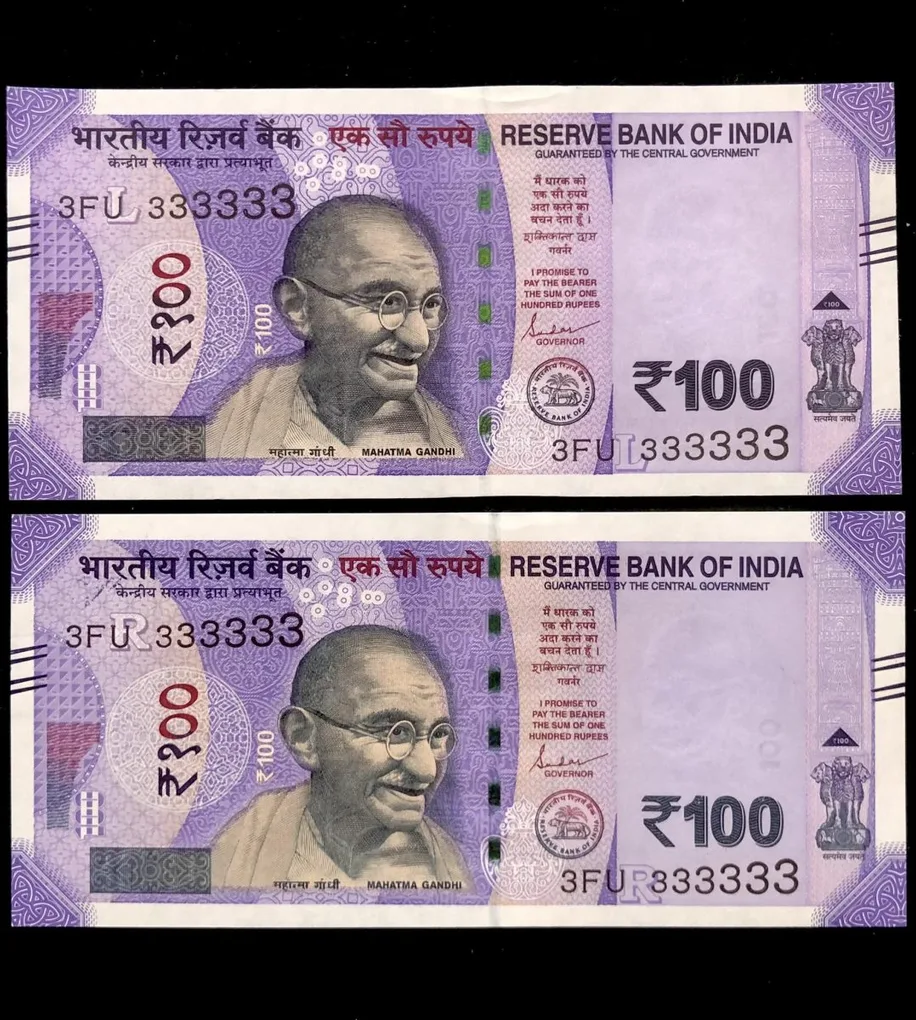 Rs 100 India Banknote Twin Set Gem Unc Very Unique Solid Number 3FU 333333