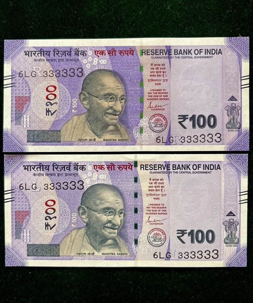 Rs 100 India Banknote Twin Set Gem Unc Very Unique Solid Number 6LG 333333