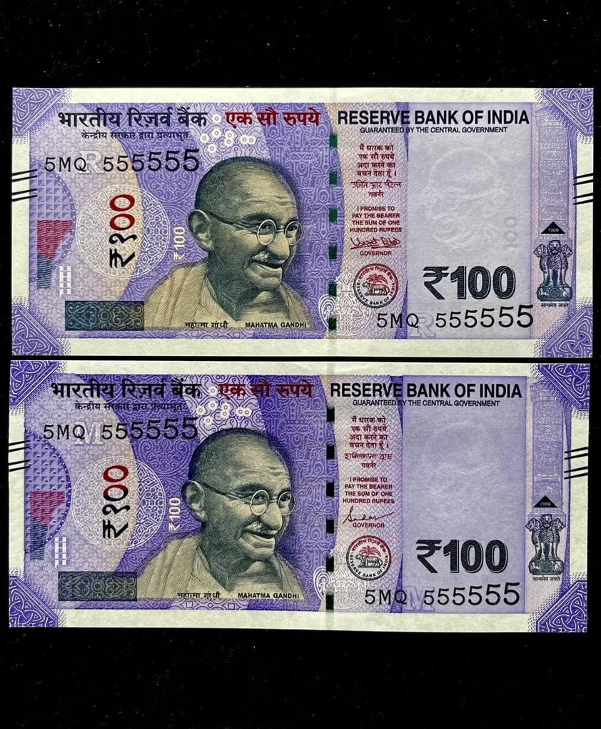 Rs 100 India Banknote Twin Set Gem Unc Very Unique Solid Number 5MQ 555555