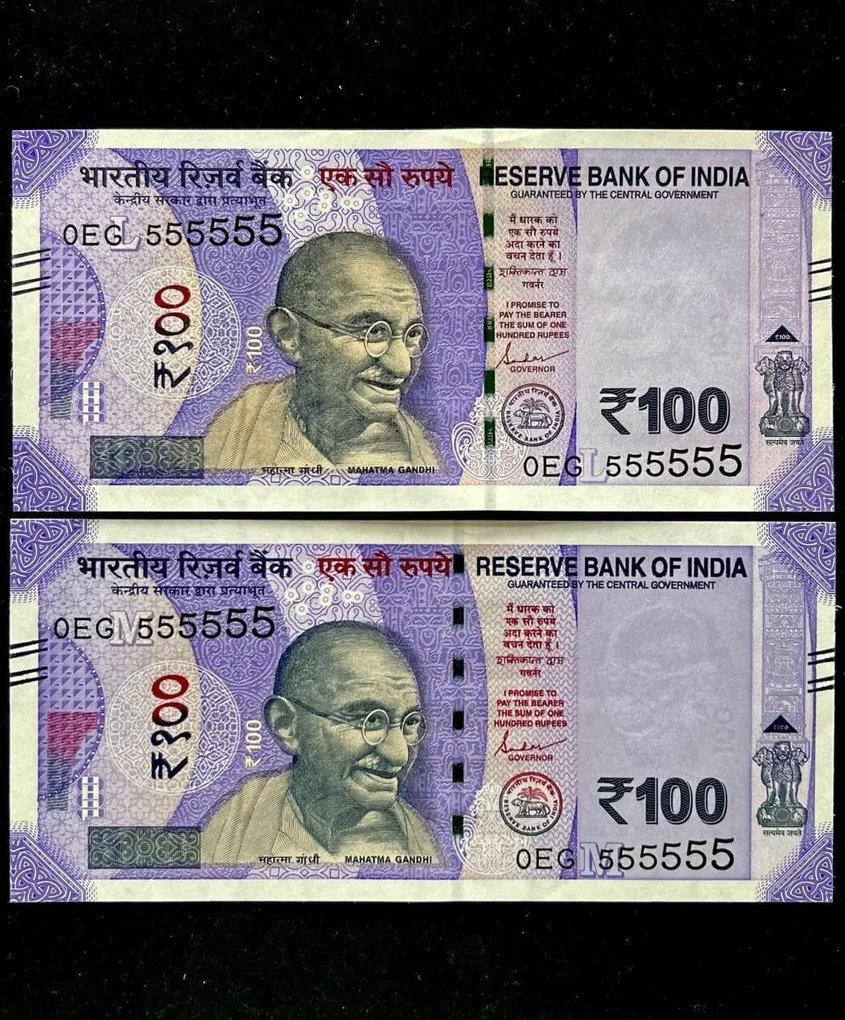 Rs 100 India Banknote Twin Set Gem Unc Very Unique Solid Number 0EG 555555
