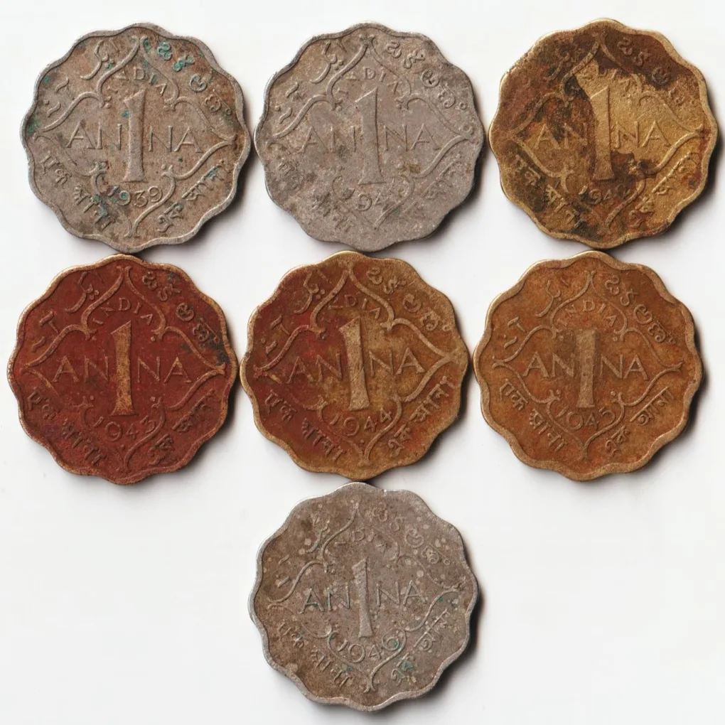 7 Coins Set of One Anna 1939 to1946 of George VI King Emperor British India Coinage