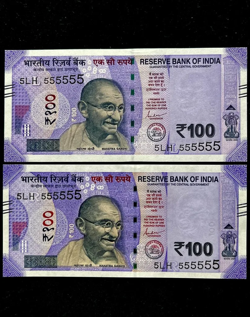 Rs 100 India Banknote Twin Set Gem Unc Very Unique Solid Number 5LH 555555