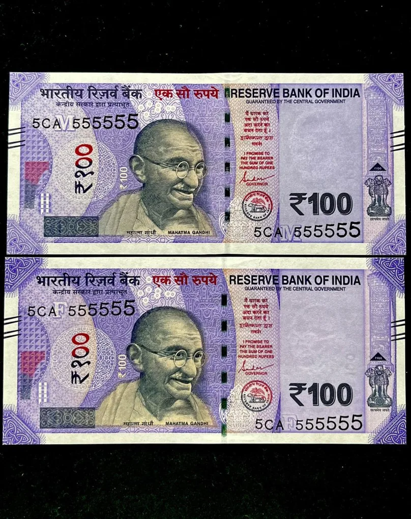 Rs 100 India Banknote Twin Set Gem Unc Very Unique Solid Number 5CA 555555