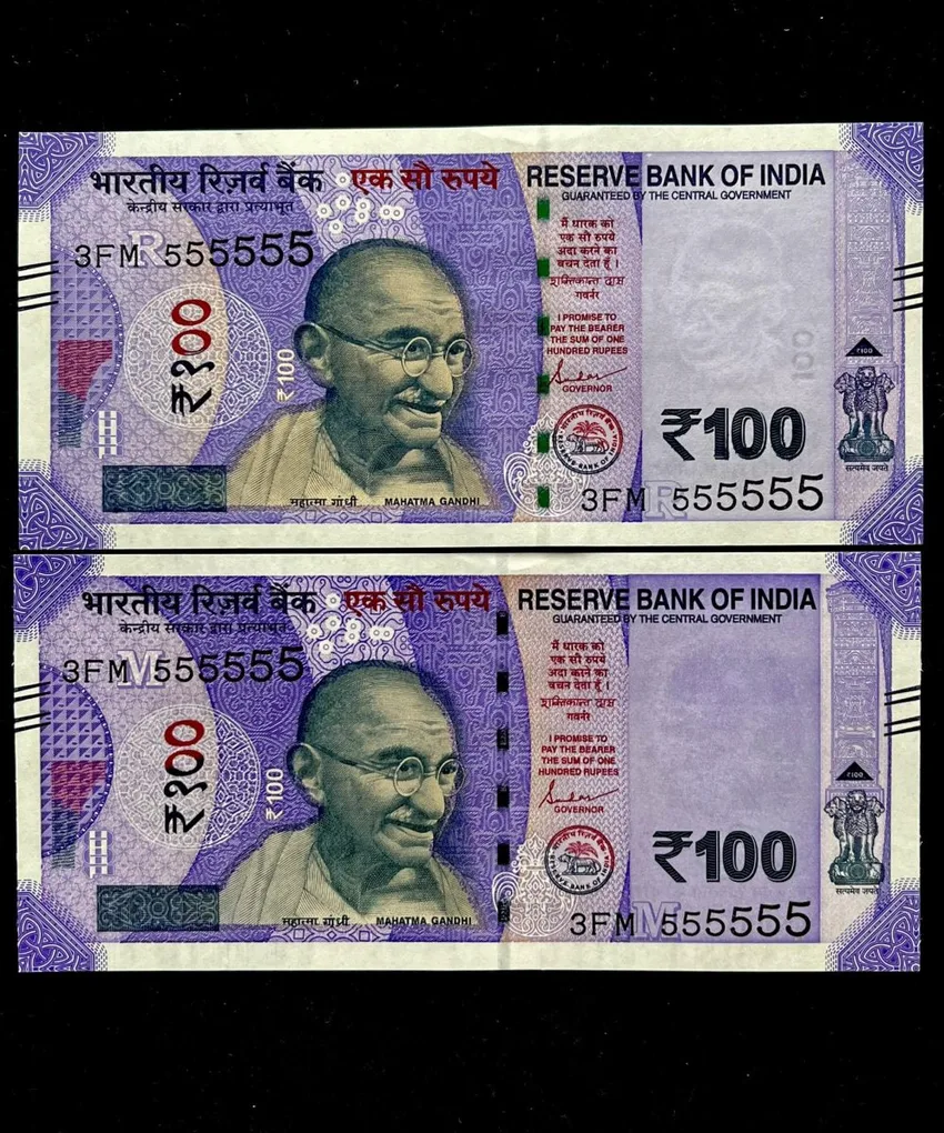 Rs 100 India Banknote Twin Set Gem Unc Very Unique Solid Number 3FM 555555