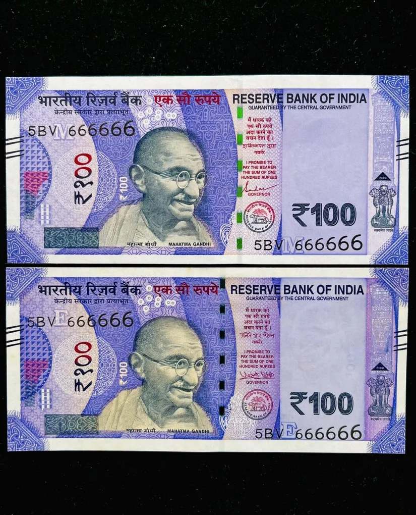 Rs 100 India Banknote Twin Set Gem Unc Very Unique Solid Number 5BV 666666