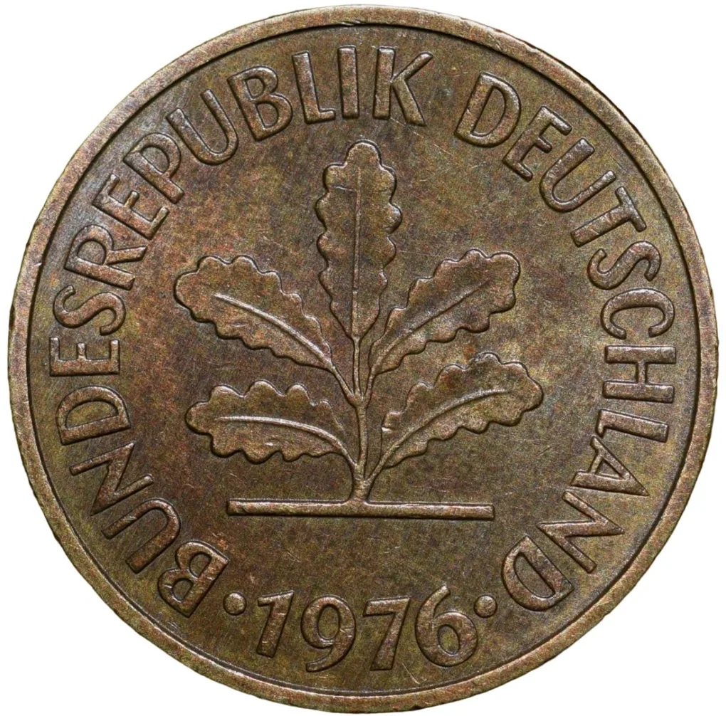 Brass 5 Pfenning of Germany (AD 1976) with Oak Sapling