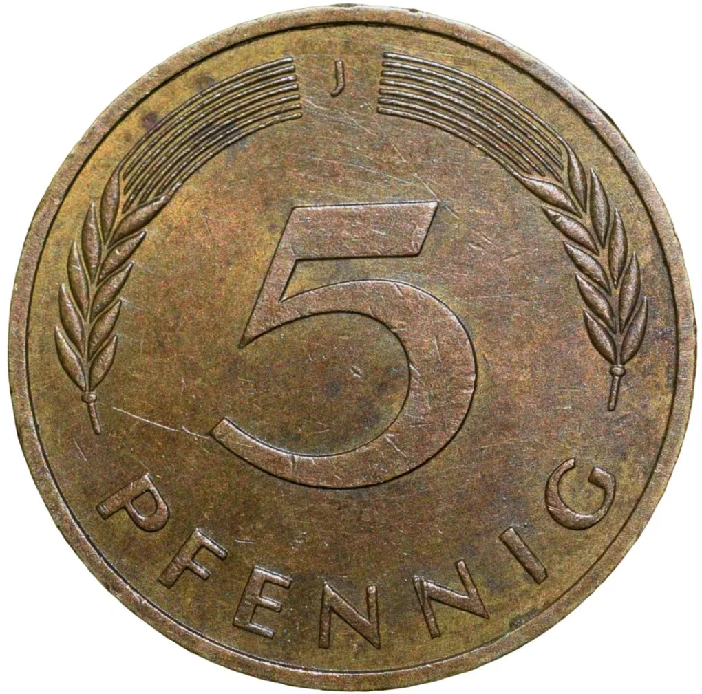 Brass 5 Pfenning of Germany (AD 1976) with Oak Sapling