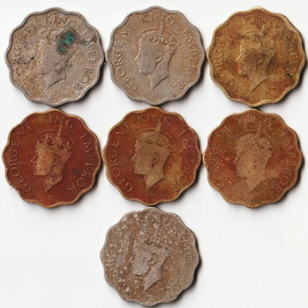7 Coins Set of One Anna 1939 to1946 of George VI King Emperor British India Coinage