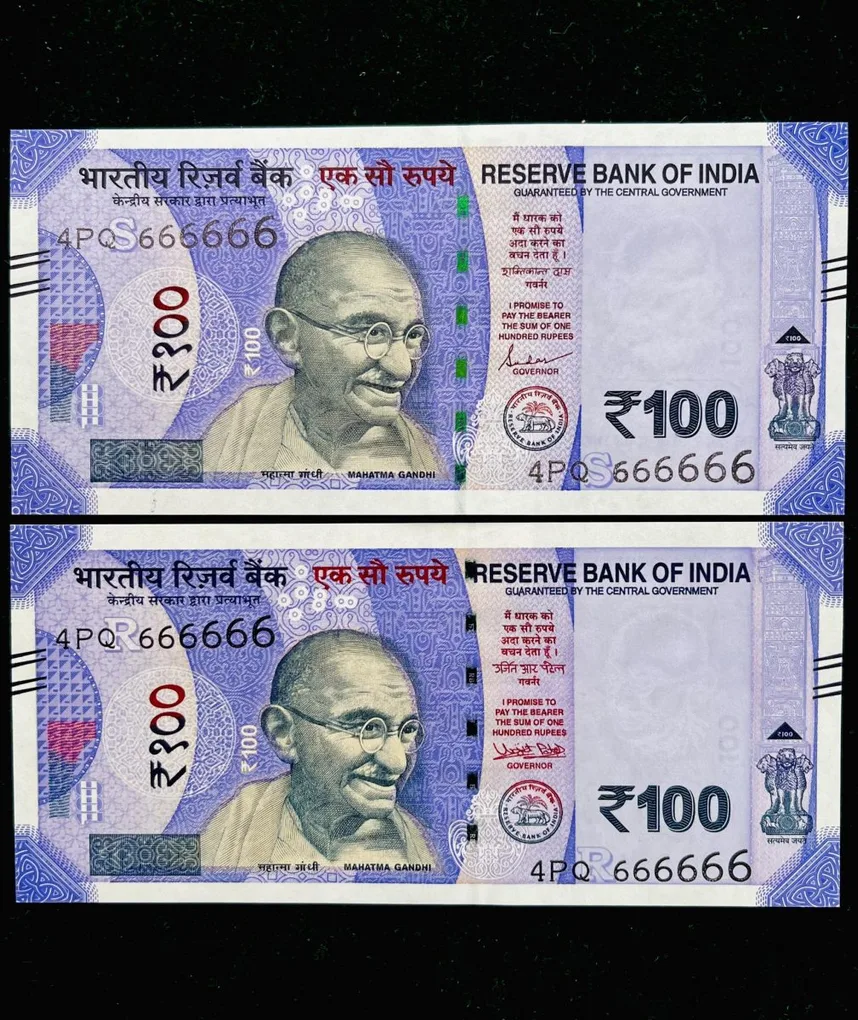 Rs 100 India Banknote Twin Set Gem Unc Very Unique Solid Number 4PQ 666666