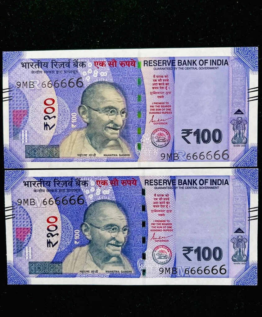 Rs 100 India Banknote Twin Set Gem Unc Very Unique Solid Number 9MB 666666
