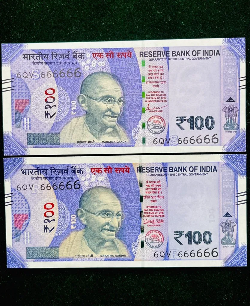 Rs 100 India Banknote Twin Set Gem Unc Very Unique Solid Number 6QV 666666