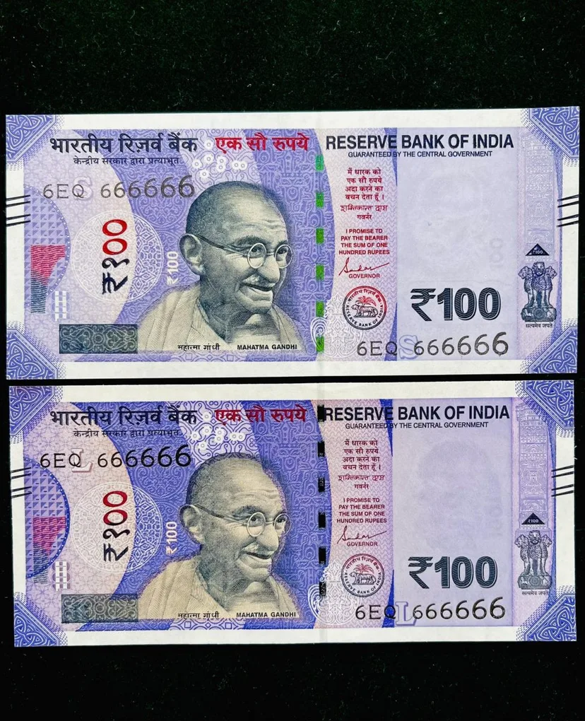 Rs 100 India Banknote Twin Set Gem Unc Very Unique Solid Number 6EQ 666666