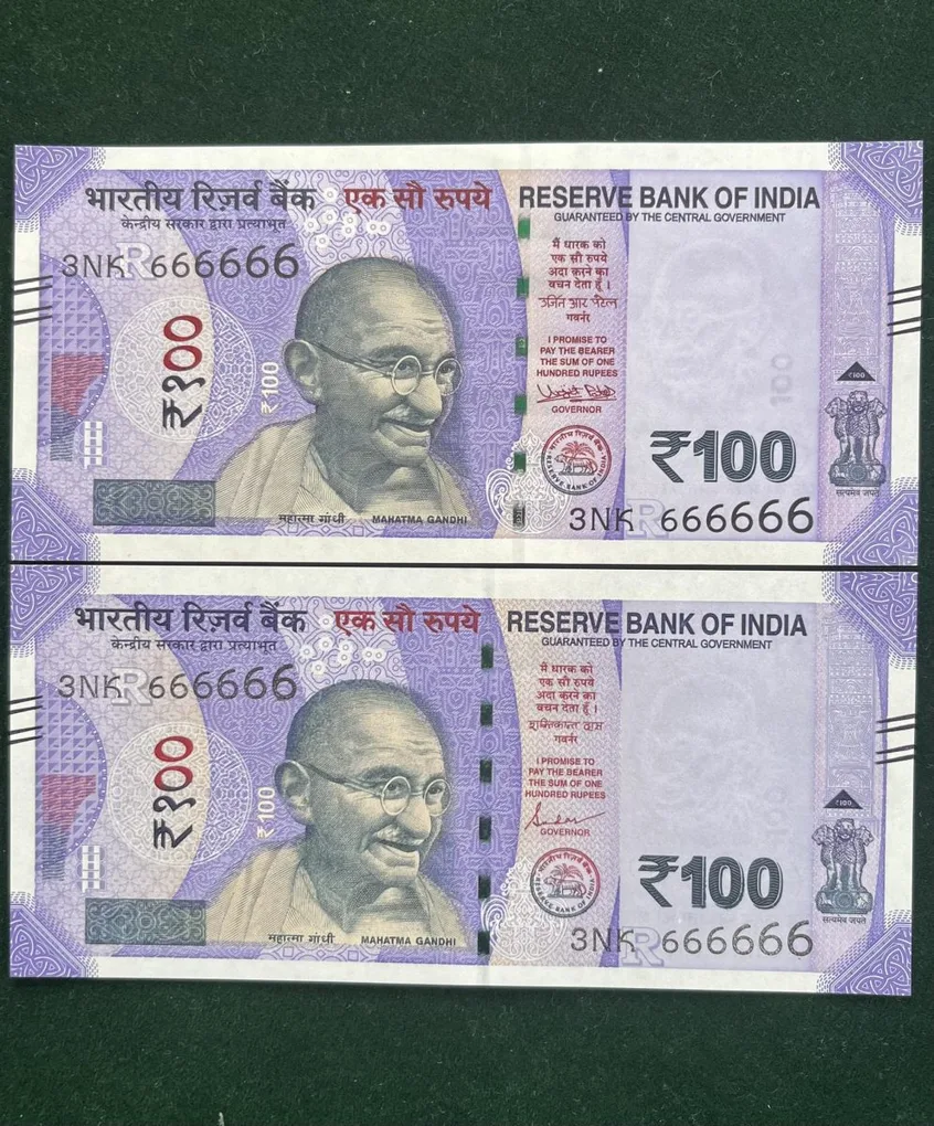 Rs 100 India Banknote Twin Set Gem Unc Very Unique Solid Number 3NK 666666