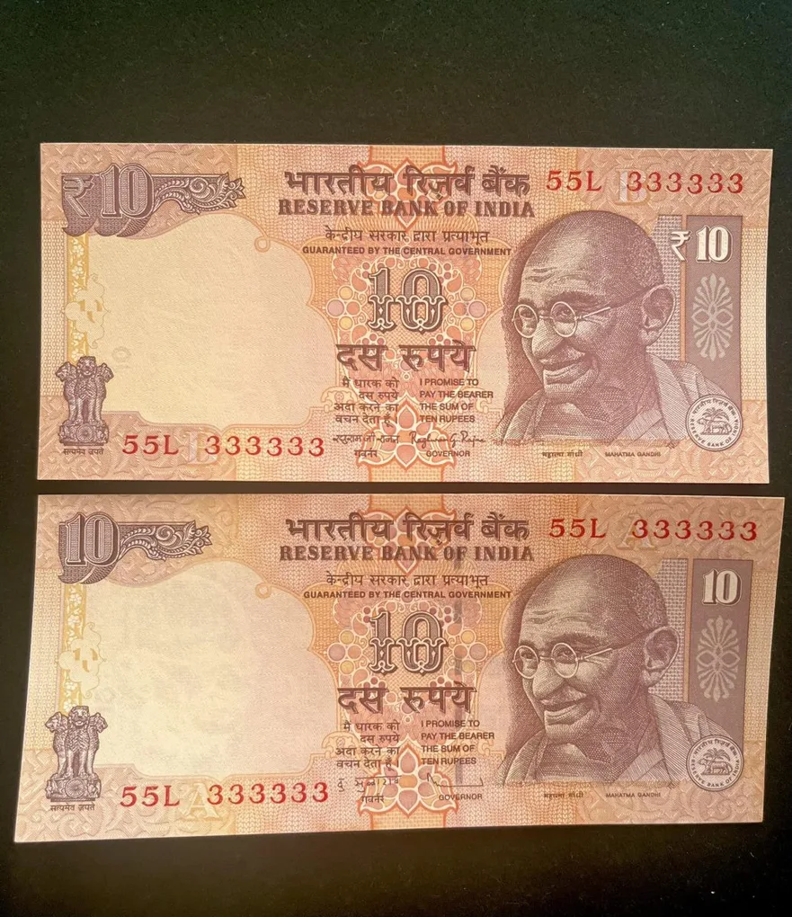 Rs 10 India Banknote Twin Set Gem UNC Very Unique Set Solid Number 55L 333333