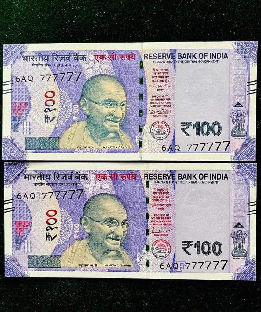 Rs 100 India Banknote Twin Set Gem Unc Very Unique Solid Number 6AQ 777777