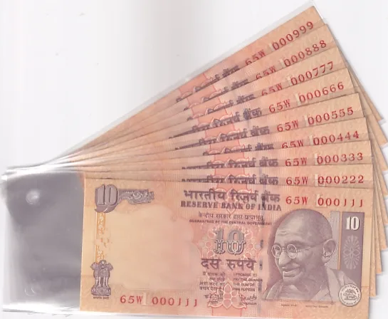 10Rs Y V Reddy Sign Fancy Series 000111 to 000999 Nine Notes Unc Set