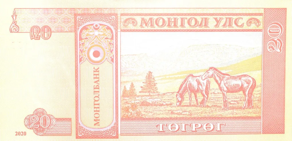 20 Togrog of Mongolia Country (AD 2020) with Mountain scenery with horses grazing in a valley